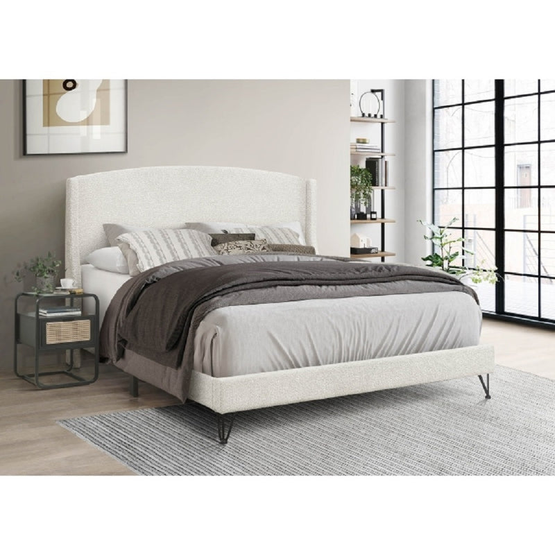 Boucle Fabric Upholstered Full Size Platform Bed Frame, Round Arc Wing Back Headboard, Beige