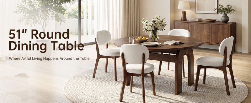 51.2' Solid Wood Extendable Dining Table Set with 6 Upholstered Chairs, 7 Piece Farmhouse Dinner Set with Walnut Finish & Arch Legs, Drop Leaf Converts Oval to Round for Small Spaces, Easy Assembly