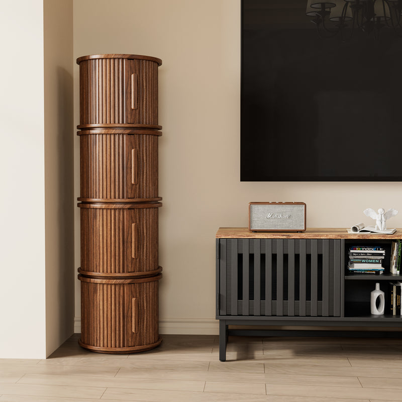 4Piece Round Coffee Table Set, Modern Nesting Side Tables with Sliding Door Storage, Walnut Finish Sofa End Table & Bedside Nightstand for Living Room & Bedroom, Fluted Roman Column Design Accent Tab