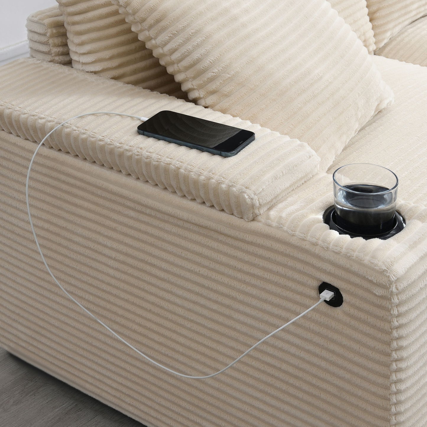 Convertible L Shaped Sectional Corner Couch With Armrest Storage Cup Holders USB Charger, Irregular Corner Oversized Comfy Modular Sofa