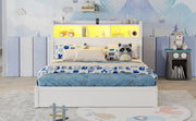 Queen Size Bed with Drawers, Wood Queen Bed with Storage Headboard and Pull Out Storage Cabinet, Wood Bed with Light and Socket, White(Expect Arrival Date 2026/7/30)