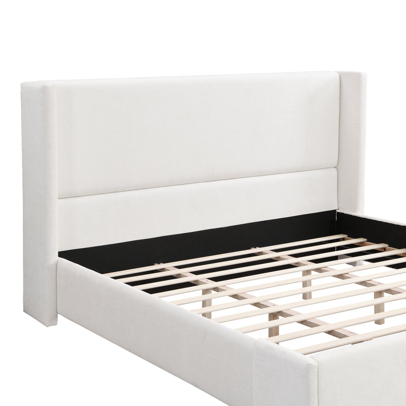 Elegant White Fabric Upholstered Bed with Tall Headboard, White, KING