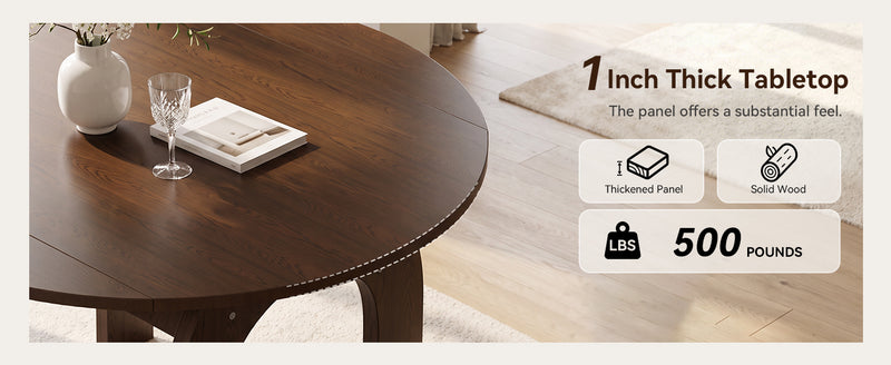 51.2' Solid Wood Extendable Dining Table Set with 6 Upholstered Chairs, 7 Piece Farmhouse Dinner Set with Walnut Finish & Arch Legs, Drop Leaf Converts Oval to Round for Small Spaces, Easy Assembly