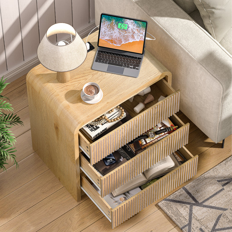 Modern Fluted Night Stand with Charging Station, 25' Tall Wood Nightstand Bedside Table with 3 Drawers & USB Ports, Mid-Century End Table for Bedroom (1, Nature Fluted, 3 Drawers)