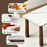 63' Sintered Stone Dining Table Set with 6 Upholstered Chairs, Farmhouse Dinner Table Set of 7 Piece with White Stone Top & Solid Wood Walnut Frame, Beige Chenille Seats, Heavy-Duty Support up to 1000