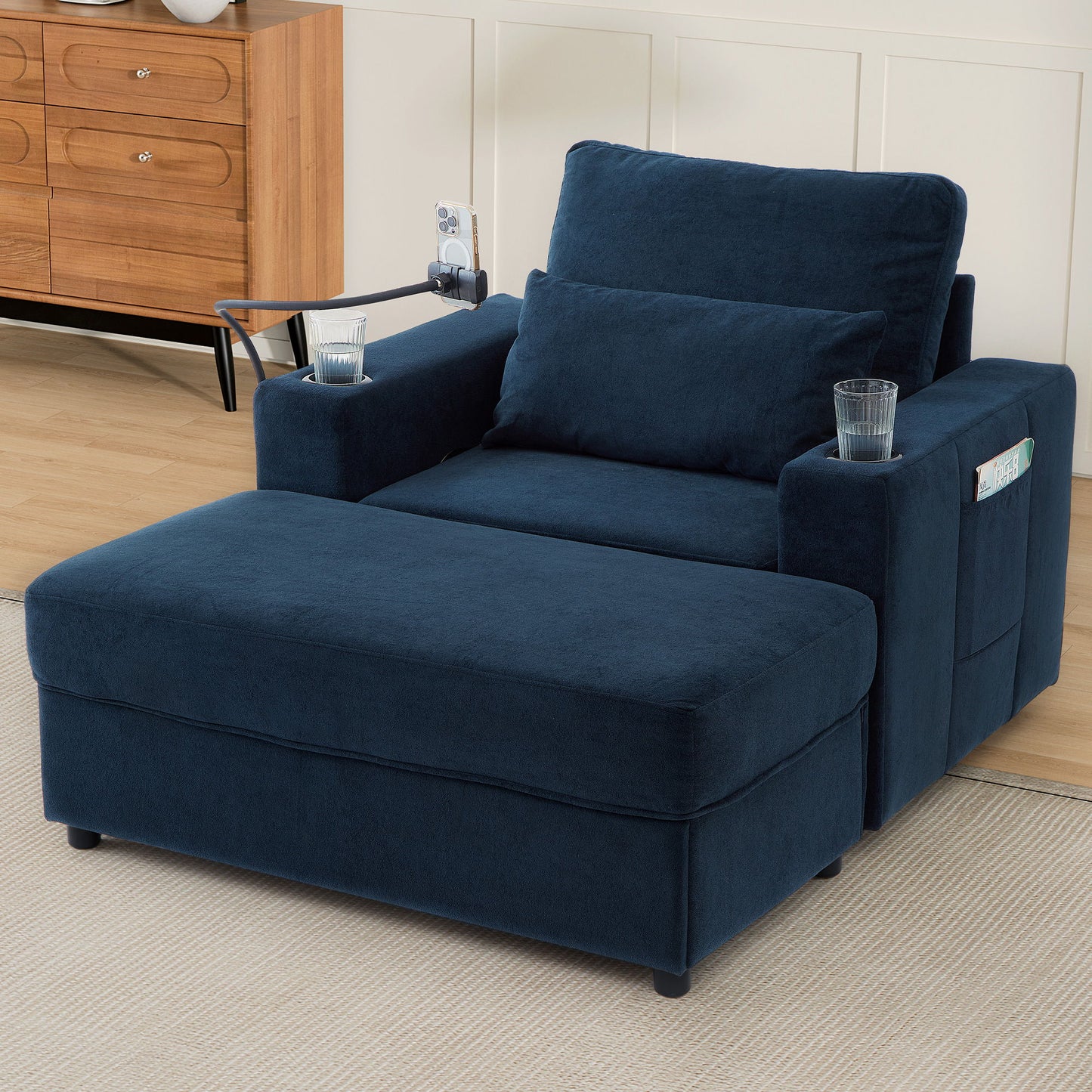 Modern Style Armchair Chaise Lounge Sofa Couch With Movable Storage Ottoman, USB Ports, Cup Holders, Phone Holder, Side Pockets
