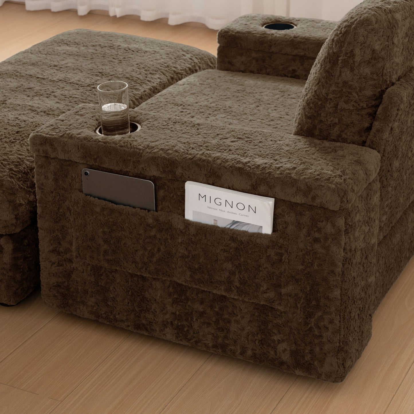 Oversized Chaise Lounge Indoor Rabbit Fur Sofa Bed With Storage Ottoman And Armrests Cup Holders With Deep Seat