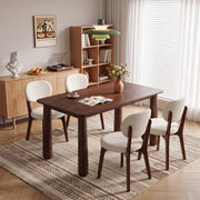 63' Solid Wood Dining Table Set with 6 Upholstered Chairs, Farmhouse Dinner Table Set of 7 Piece with Walnut Finish & Beige Chenille Seats, Heavy-Duty Support up to 1000 lbs, Easy Assembly