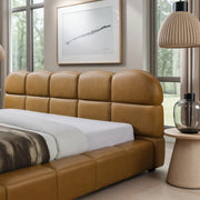 Roswell Luxurious King Size Platform Bed with Biscuit-Tufted Vegan Leather Headboard in Tan, Durable Material, 95.1 x 95.5 x 39.2 Inches