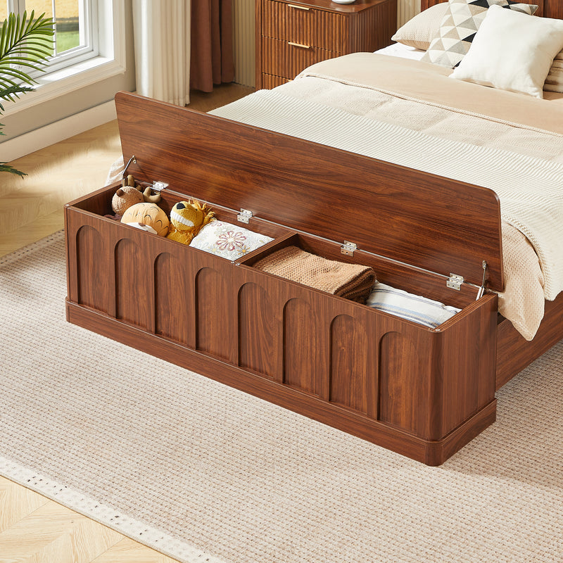 Queen Size Bed Frame with Storage, Mid-Century Modern Wood Platform Bed with Footboard Bench, Arched Panel Design, No Box Spring Needed, Walnut.