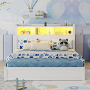Queen Size Bed with Drawers, Wood Queen Bed with Storage Headboard and Pull Out Storage Cabinet, Wood Bed with Light and Socket, White(Expect Arrival Date 2026/7/30)