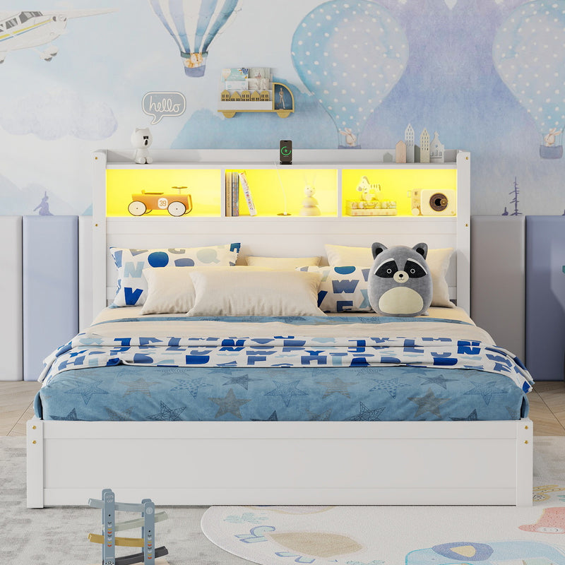 Queen Size Bed with Drawers, Wood Queen Bed with Storage Headboard and Pull Out Storage Cabinet, Wood Bed with Light and Socket, White(Expect Arrival Date 2026/7/30)
