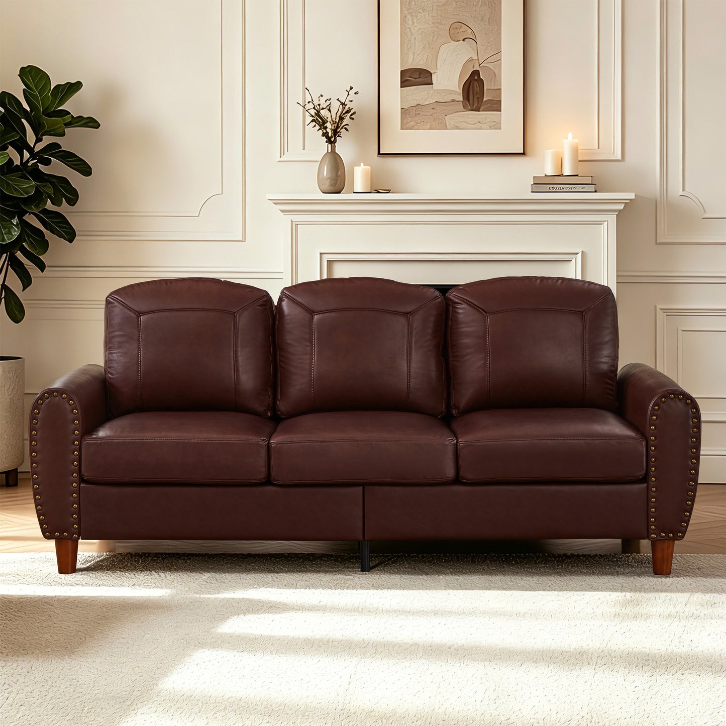 Classic Living Room Sofa  Faux Leather Couch,Rolled Arm Sofa with Nails,Solid Wood Legs,Upholstered Breathable PU Leather Burgundy.