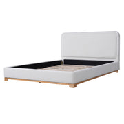 Queen Size Bed Frame with Boucle Upholstered Curved Headboard, Solid Wood Base, White