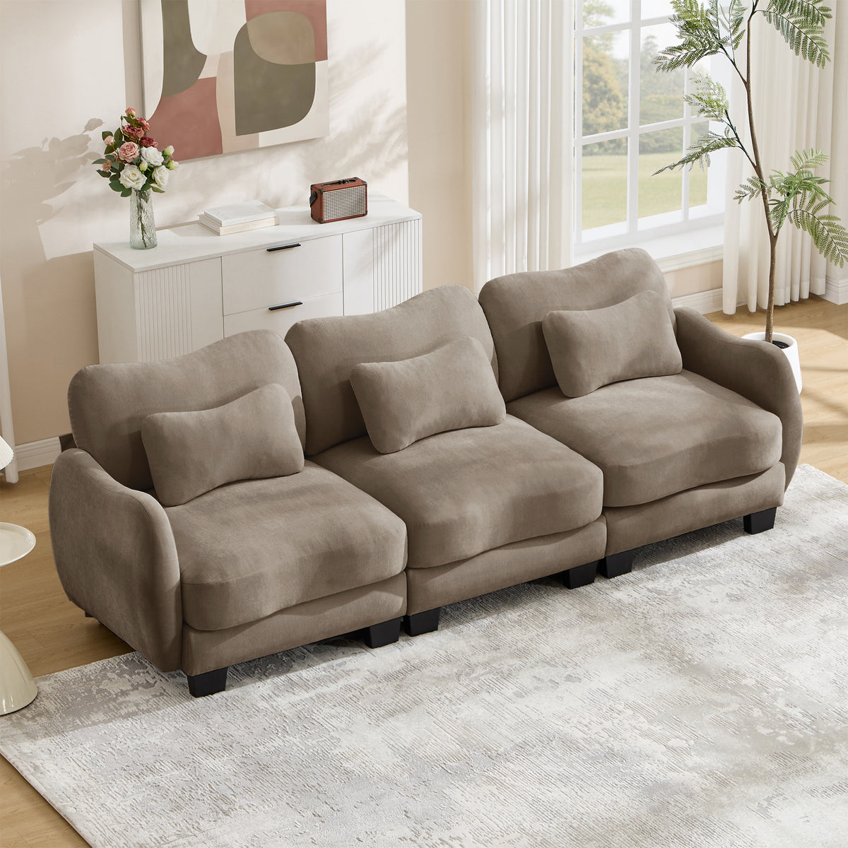 Chenille Supportive Three-Seater Sofa with Exquisite Waist Pillow,Ergonomic Curve Design, Easy to Assemble Modular Couch for Living Room Office, Coffee
