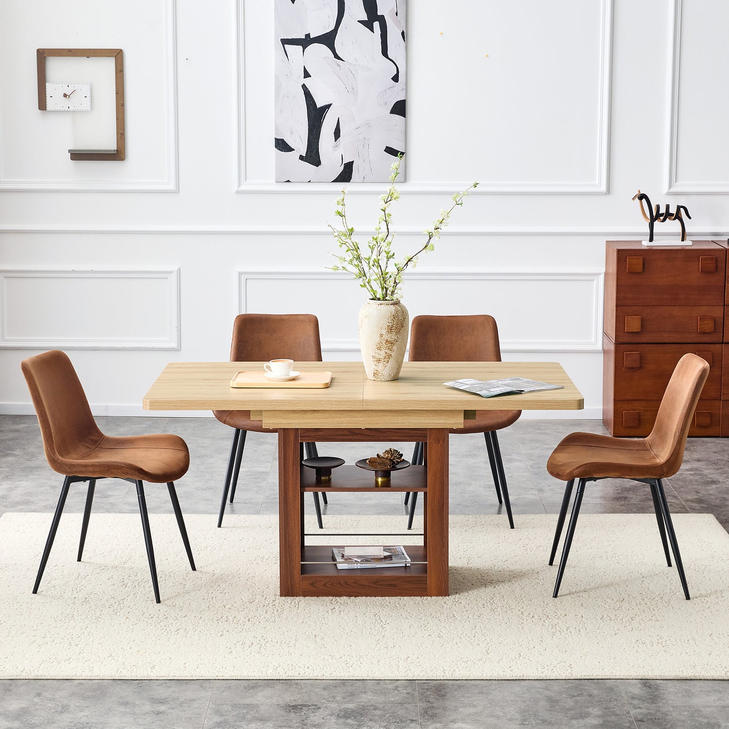 Scalable dining table and chair set, 59-71 inch pull-out table, 4-piece set of Comfortable Technology-Fabric Brown Chairs With Curved Widened Cushion Design.Suitable for dining rooms,office,etc.