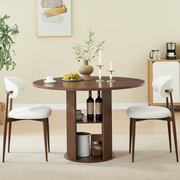 47.24' Round Dining Table (Serves 2–4) with Two Dining Chairs Blends modern and farmhouse styles, featuring a double-tiered storage shelf, suitable for dining rooms or living spaces.Walnut