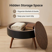 31.5-inch round coffee table with storage function, featuring an engraved tabletop, is an ideal beverage table for small spaces, serving as a modern-style accent side table suitable for living rooms,