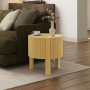 Round Fluted Side Table with Storage for Living Room, Rubber Solid Wood, Soft-close Door, Natural, 19.6'