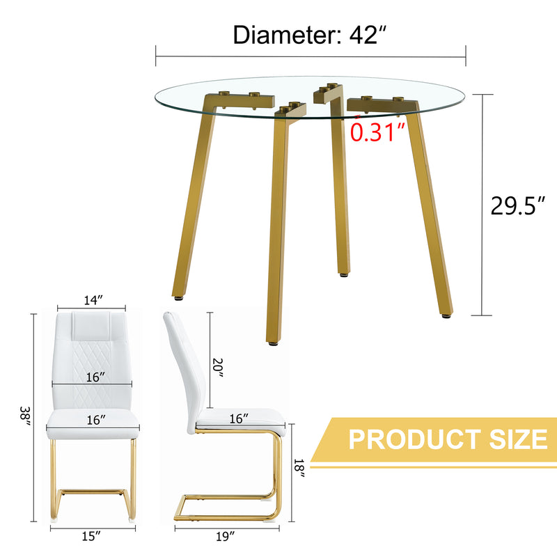 Table and chair set.A Modern Minimalist Style Round Clear Tempered Glass Table with Metal Legs.Paried with white chairs with Modern PU Leather High Back Upholstered and C-Tube Golden Legs.