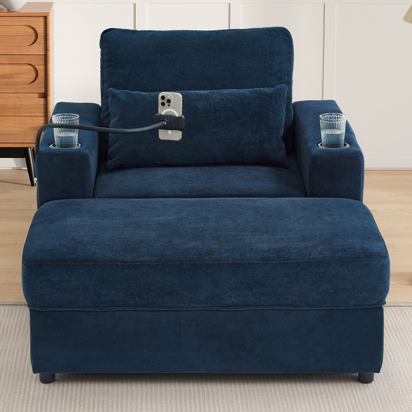Modern Style Armchair Chaise Lounge Sofa Couch With Movable Storage Ottoman, USB Ports, Cup Holders, Phone Holder, Side Pockets