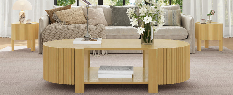 Round Fluted Side Table with Storage for Living Room, Rubber Solid Wood, Soft-close Door, Natural, 19.6'