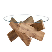 Circular glass coffee table, 33.4-inch modern and distinctive design tea table. Tempered glass countertop, wood colored MDF table legs. Suitable for living rooms and farmhouses