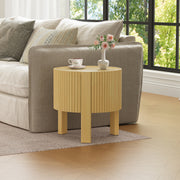 Round Fluted Side Table with Storage for Living Room, Rubber Solid Wood, Soft-close Door, Natural, 19.6'