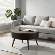 31.5-inch round coffee table with storage function, featuring an engraved tabletop, is an ideal beverage table for small spaces, serving as a modern-style accent side table suitable for living rooms,