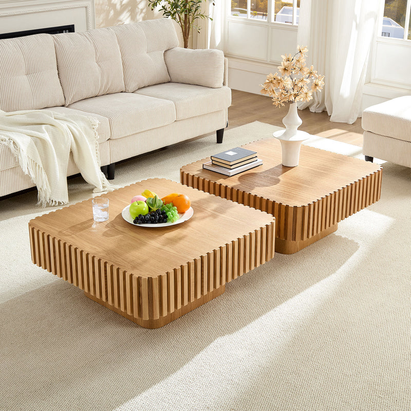 Modern 35.43 Inch Handcraft Drum Coffee Table Square Coffee Table for Living Room,Small Wooden Coffee Table with Sturdy MDF Pedesta,Narual Color