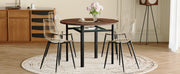 Table and chair set.42 inch modern minimalist brown wood grain round dining table set.Paired with 4 Transparent Plastic Chairs with Black Metal Legs.Bring a comfortable home experience.