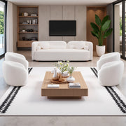 Modern Japandi White Boucle Sofa Set, 5-Piece Upholstered Cloud Couch Bundle, 3-Seater Sofa + 4 Pack 360° Swivel Barrel Accent Chairs for Living Room, Apartment, Home Office