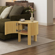 Round Fluted Side Table with Storage for Living Room, Rubber Solid Wood, Soft-close Door, Natural, 19.6'