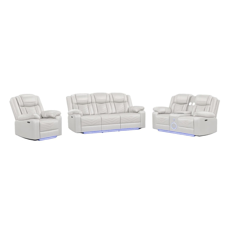 Challenger Modern Contemporary LED Power Recliner 3PC(Sofa + Loveseat + Chair) including cup holders Loveseat with console & Bluetooth speakers made with wood and metal frame in Beige