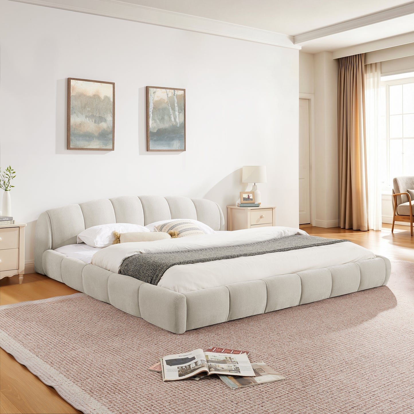 King Size Elegant Chenille Upholstered Platform Bed Frame, Thick Curved Headboard & Wrapped Footboard, Low Profile Floor Bed, No Box Spring Required, Easy Assembly, Beige