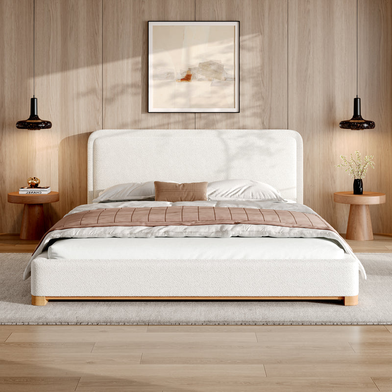 Queen Size Bed Frame with Boucle Upholstered Curved Headboard, Solid Wood Base, White