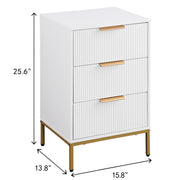 Nightstand with 3 Drawers,Mid-Century Modern End Table,Bedside Table, Gold Metal Legs,Gold Metal Handles,Wavy Drawer PanelsEnd Table for Bedroom White