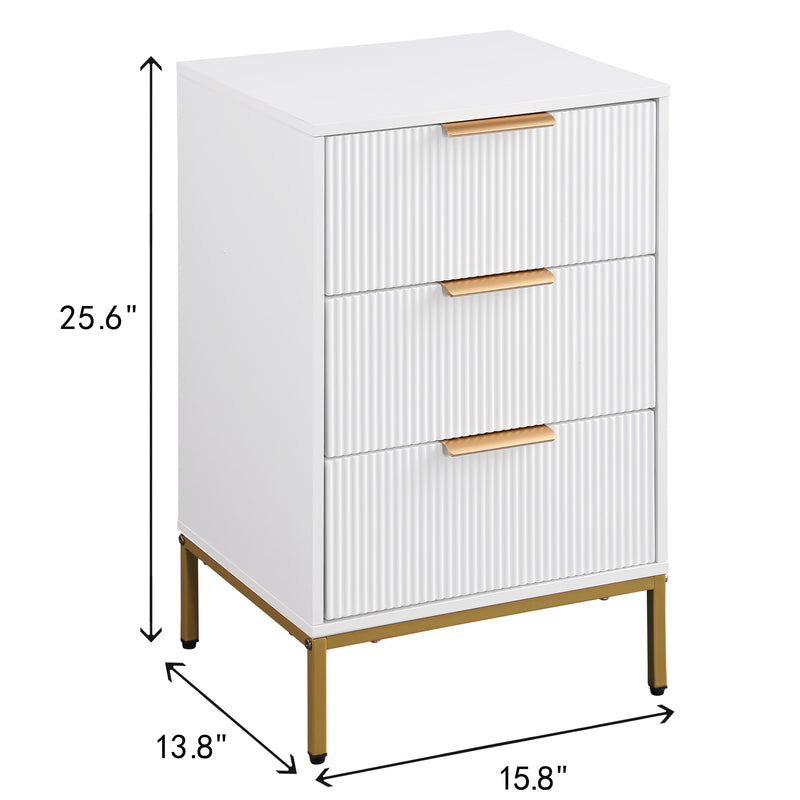 Nightstand with 3 Drawers,Mid-Century Modern End Table,Bedside Table, Gold Metal Legs,Gold Metal Handles,Wavy Drawer PanelsEnd Table for Bedroom White