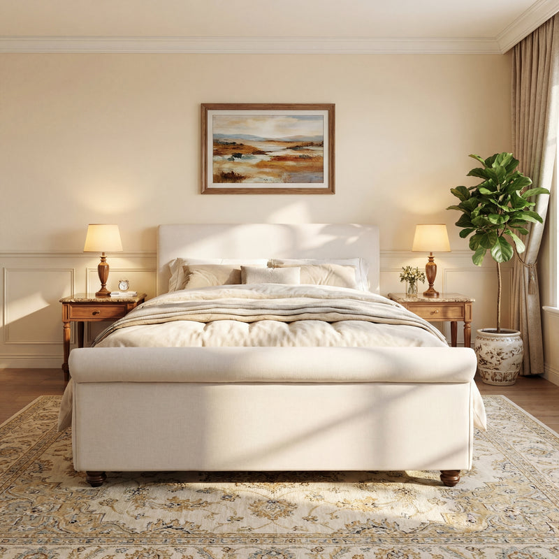 Queen Size Upholstered Bed Frame With Linen Fabric, Thick Headboard And Solid Wood Legs, Beige