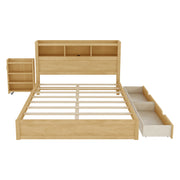 Queen Size Bed with Drawers, Wood Queen Bed with Storage Headboard and Pull Out Storage Cabinet, Wood Bed with Light and Socket,Natural(Expect Arrival Date 2626/7/30)
