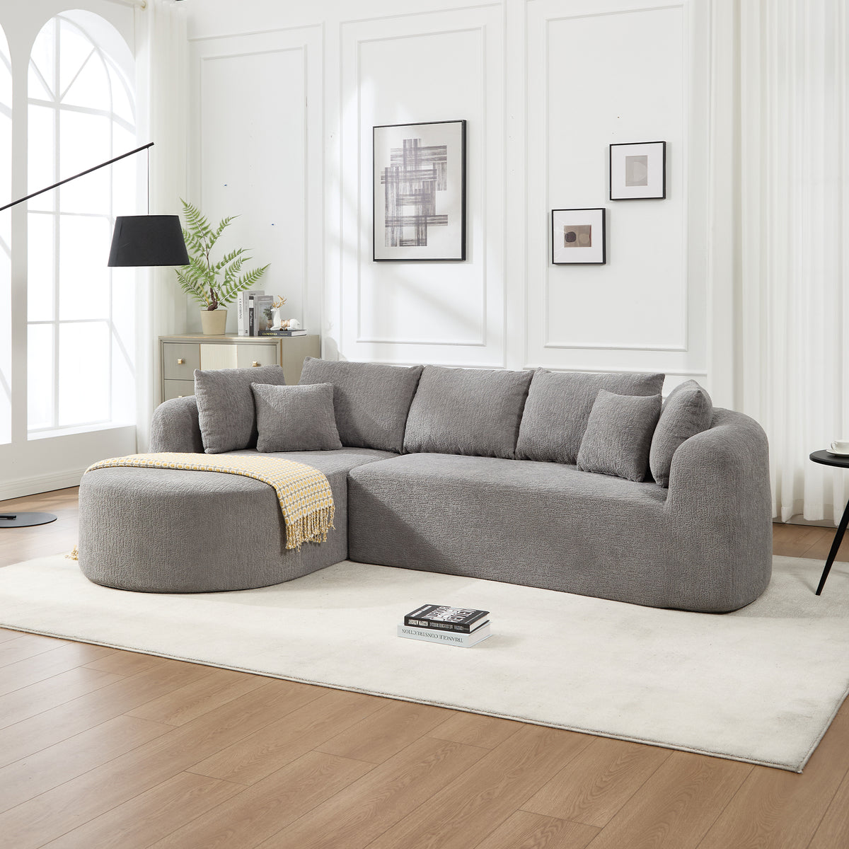 Cloud Sectional Couch, Boneless Sofa for Living Room, Corduroy Modular Couch with L Shape Chaise, Modern Compressed Sofa in a Box, Memory Foam Filling (LIGHT GREY)