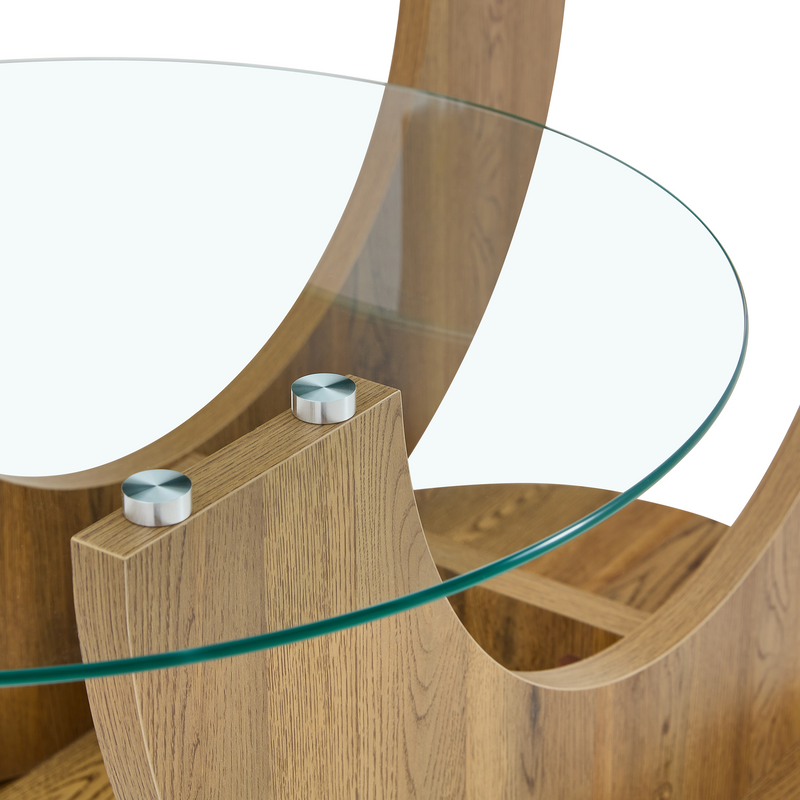 Creative U-Shaped Double-Tier Glass Coffee Table with Wood-Grain MDF Base: A Modern, Minimalist Living Room Side Table with Adjustable Height.