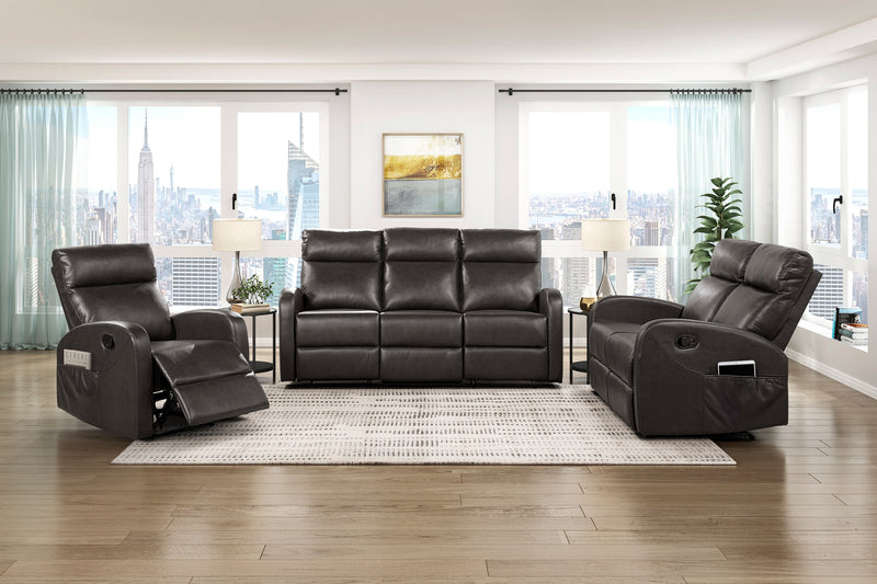Reclining Sofa Set 3pcs Espresso Faux Leather Sofa Loveseat Chair Side Pockets Plush Foam Comfort Modern Wall-Hugger Design Living Room Furniture