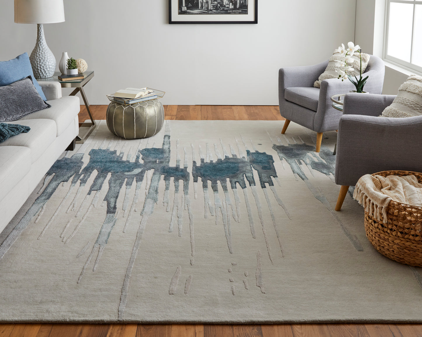Anya Transitional Abstract, Ivory/Blue/Gray