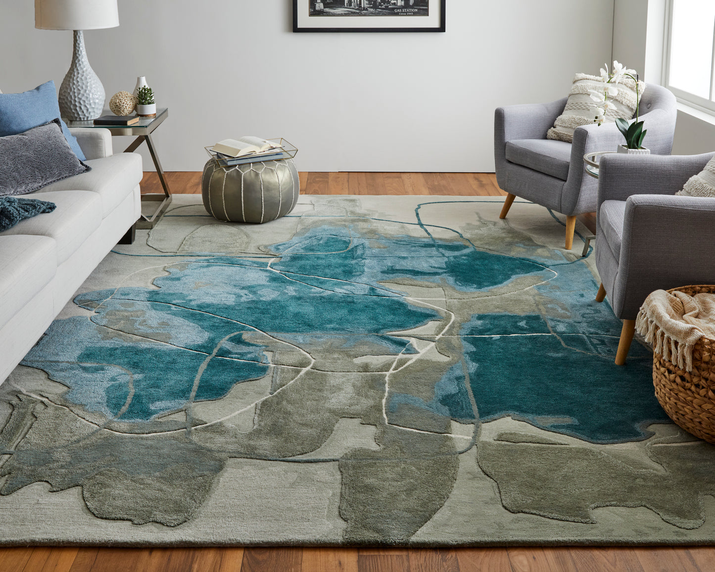 Anya Transitional Abstract, Blue/Gray/Ivory