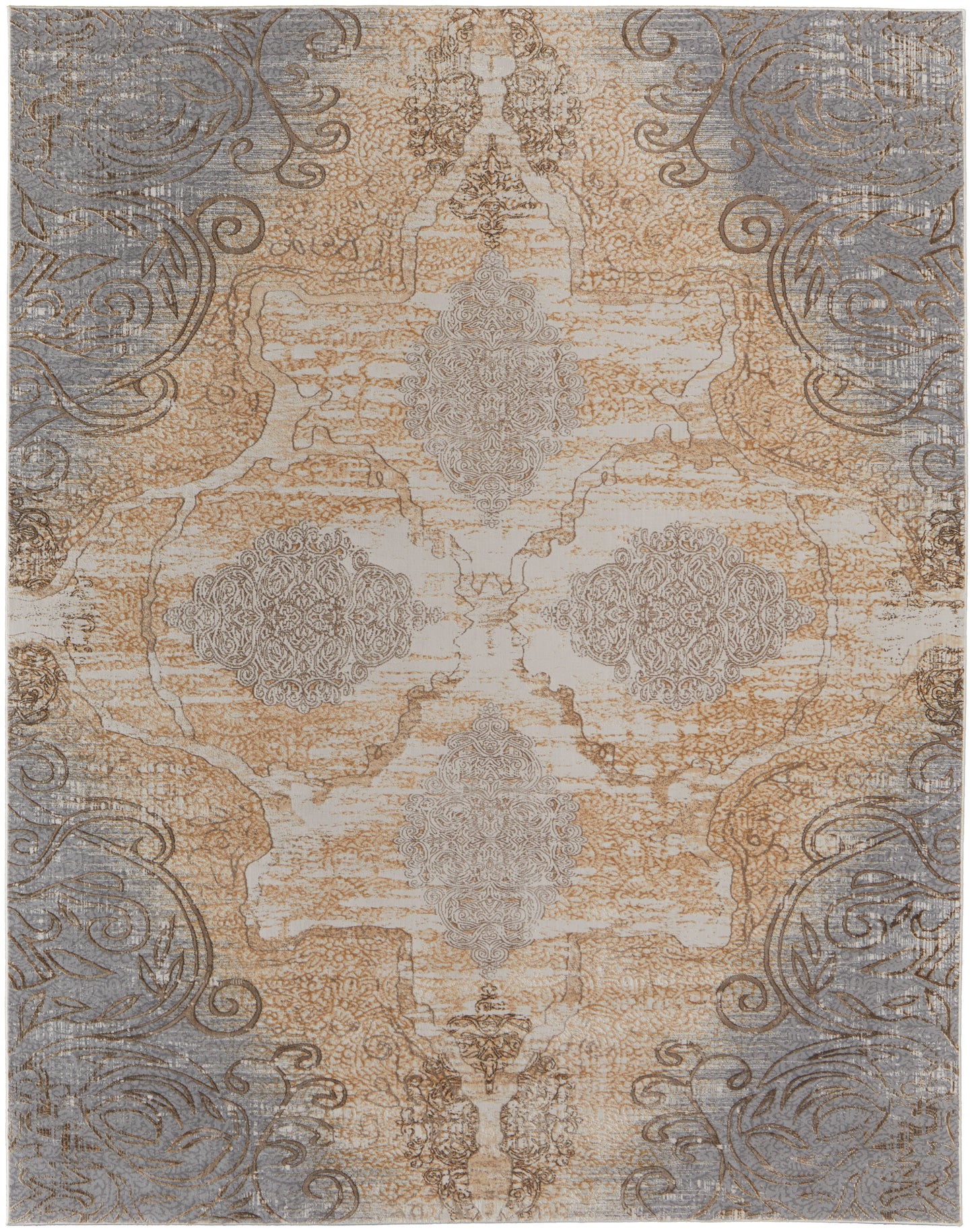 Celene Traditional Medallion, Silver/Tan/Gray