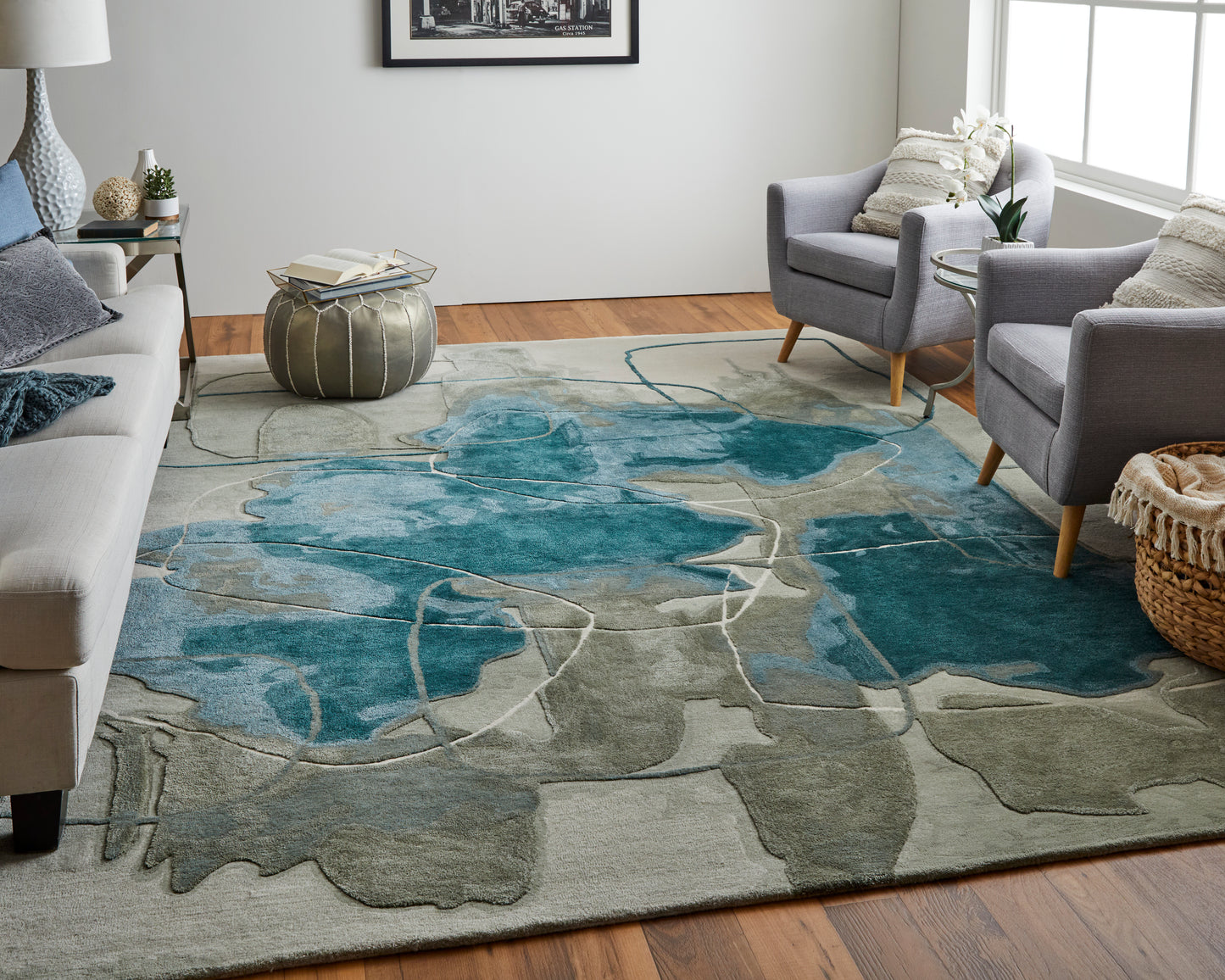 Anya Transitional Abstract, Blue/Gray/Ivory