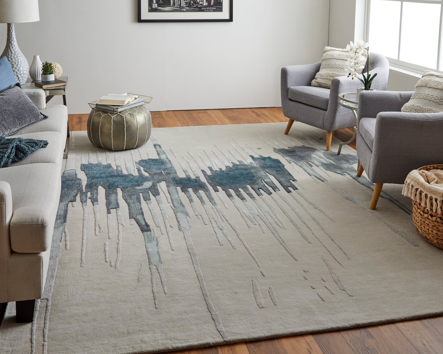 Anya Transitional Abstract, Ivory/Blue/Gray